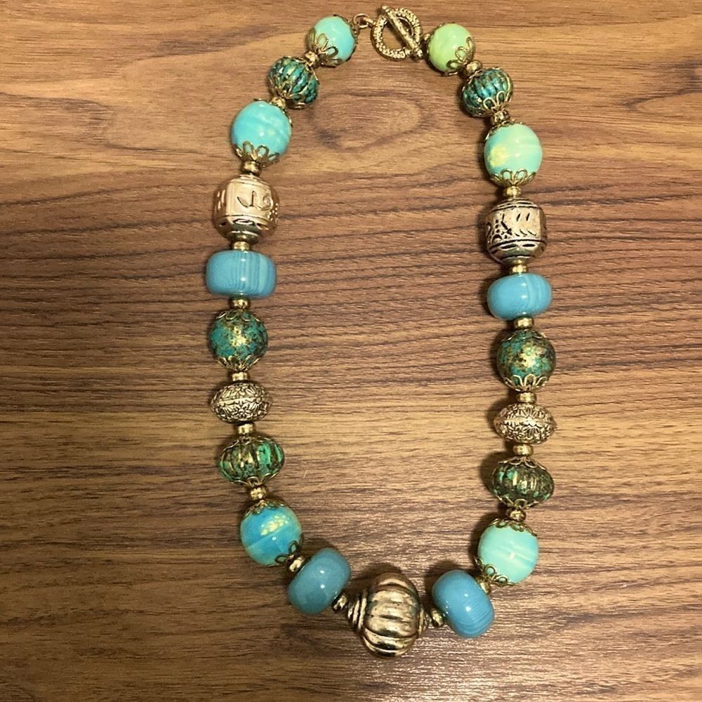 Vintage Necklace with Aqua glass beads and gold tone metal with Toggle Catch.